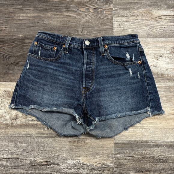 Levis 501 Red Tab Dark Wash Blue Womens 28 Original Fit Button Fly‎ Denim Shorts - Picture 1 of 12